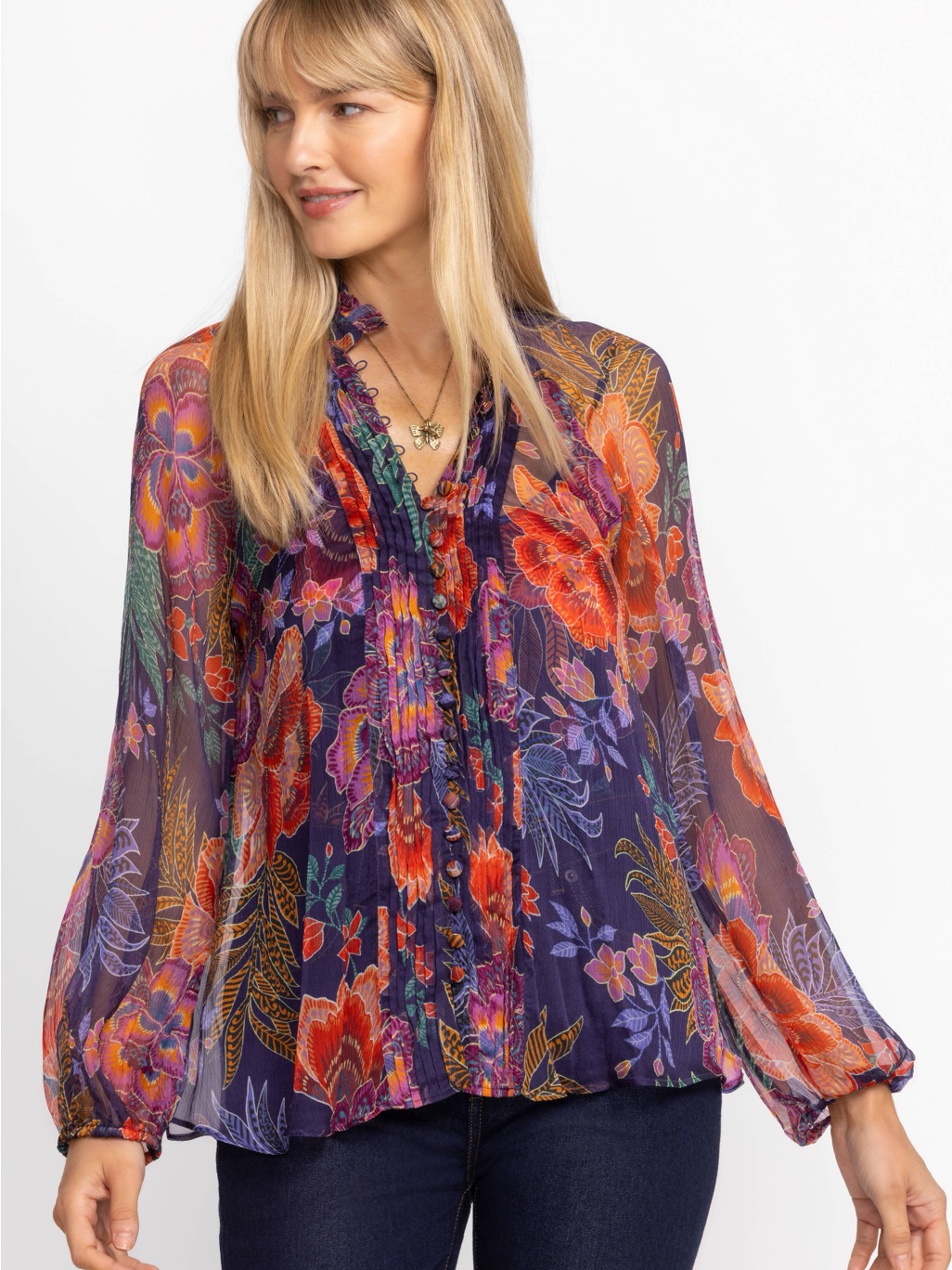 Johnny Was Jade 100% Silk Sheer Floral Button Front Blouse Tropical Boho Luxe